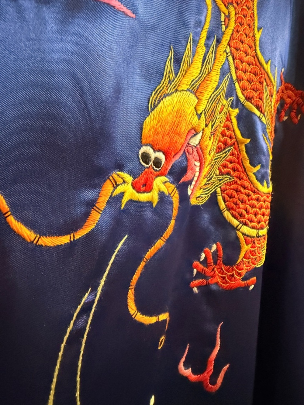 Vintage Dragon Kimono Robe Blue Embroidered Chinese Belted Silk L - Picture 4 of 11